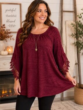 WinWin Burgundy Lace Sleeve Tunic Sweater Women’s L/XL Boho Bell Sleeve